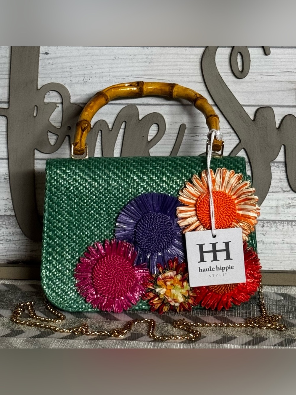 Haute Hippie Green Woven Satchel with Multicolor Floral Accents - Picture 5 of 6